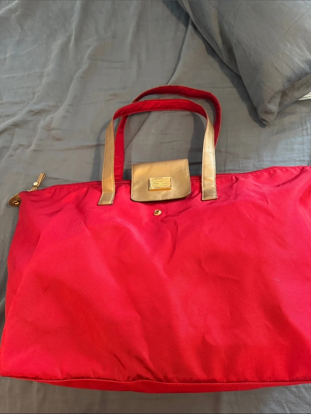Liz Claiborne Red Nylon Tote with Gold Accents